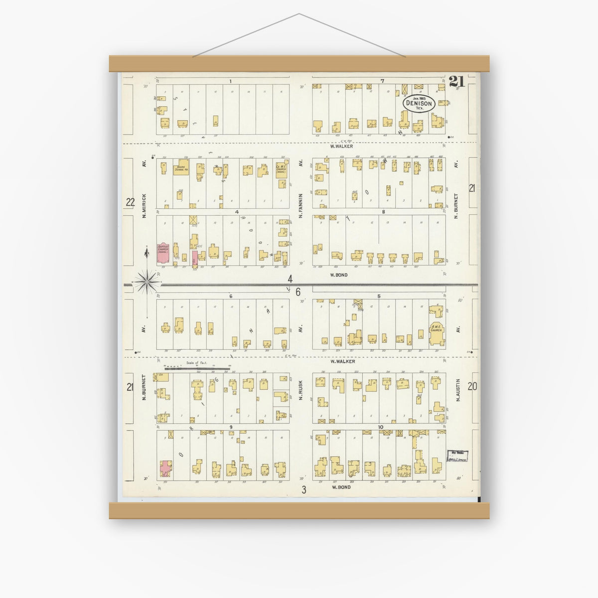 Old map wall art mockup — magnetic wood frame on white wall — Sanborn Fire Insurance Map from Denison, Grayson County, Texas (1903), Sheet #0021