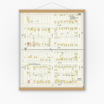 Old map wall art mockup — magnetic wood frame on white wall — Sanborn Fire Insurance Map from Denison, Grayson County, Texas (1903), Sheet #0021