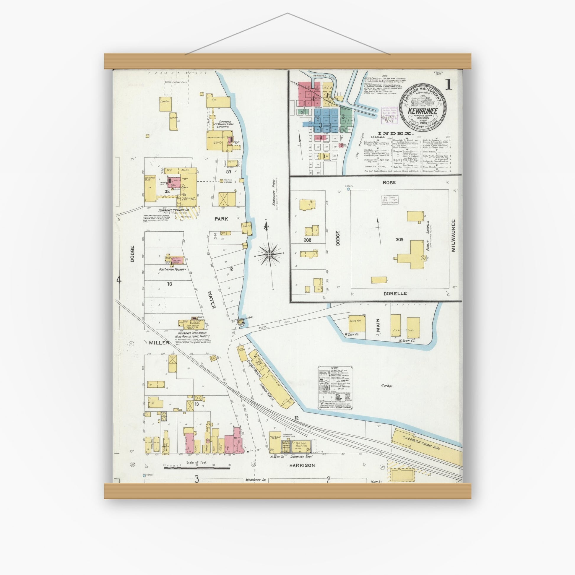 Old map wall art mockup — magnetic wood frame on white wall — Sanborn Fire Insurance Map from Kewaunee, Kewaunee County, Wisconsin (1905) - Complete Map Set