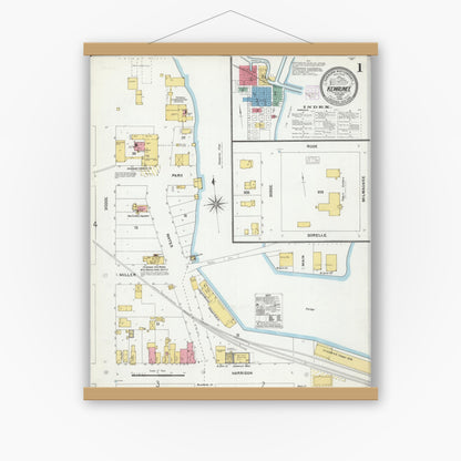 Old map wall art mockup — magnetic wood frame on white wall — Sanborn Fire Insurance Map from Kewaunee, Kewaunee County, Wisconsin (1905) - Complete Map Set