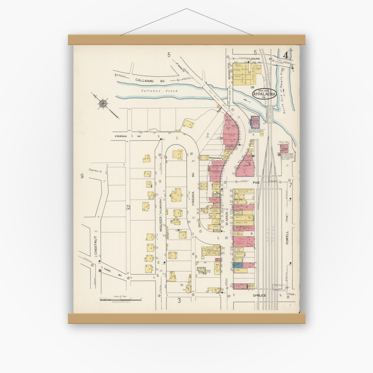 Old map wall art mockup — magnetic wood frame on white wall — Sanborn Fire Insurance Map from Appalachia, Wise County, Virginia (1922), Sheet #0004