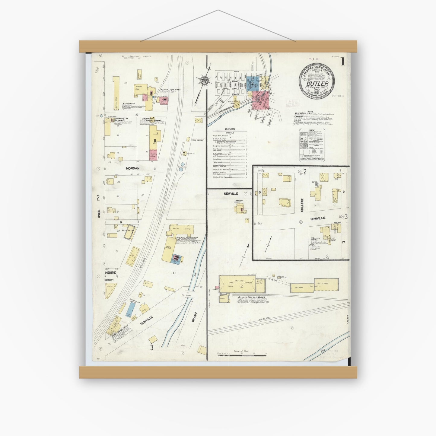 Old map wall art mockup — magnetic wood frame on white wall — Sanborn Fire Insurance Map from Butler, Richland County, Ohio (1912) - Complete Map Set