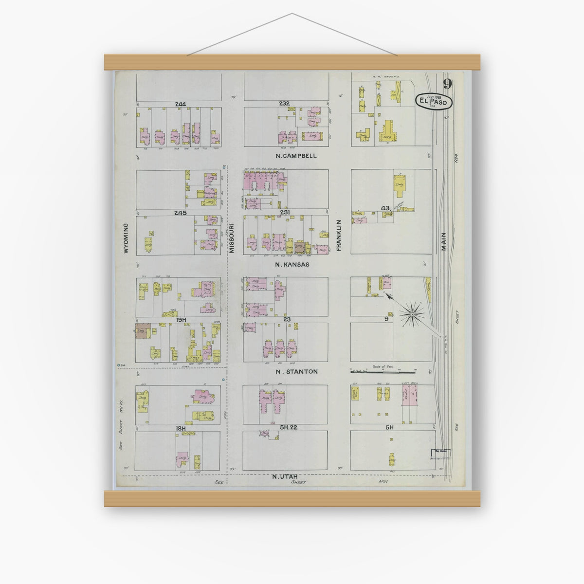 Old map wall art mockup — magnetic wood frame on white wall — Sanborn Fire Insurance Map from El Paso, El Paso County, Texas (1888), Sheet #0009