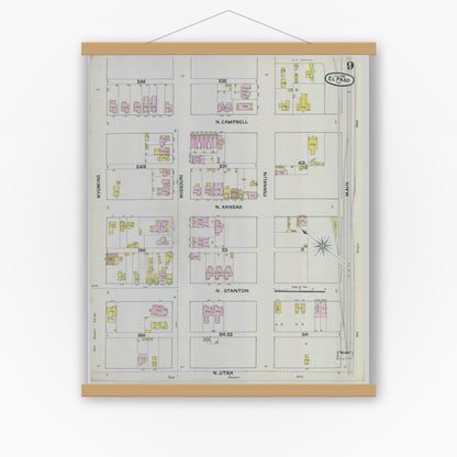 Old map wall art mockup — magnetic wood frame on white wall — Sanborn Fire Insurance Map from El Paso, El Paso County, Texas (1888), Sheet #0009