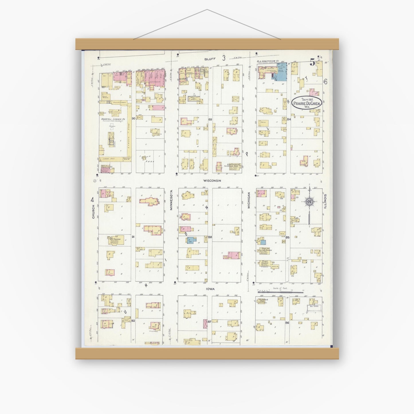 Old map wall art mockup — magnetic wood frame on white wall — Sanborn Fire Insurance Map from Prairie du Chien, Crawford County, Wisconsin (1912), Sheet #0005
