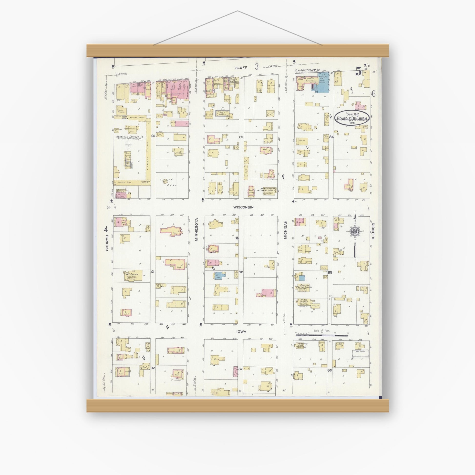 Old map wall art mockup — magnetic wood frame on white wall — Sanborn Fire Insurance Map from Prairie du Chien, Crawford County, Wisconsin (1912), Sheet #0005
