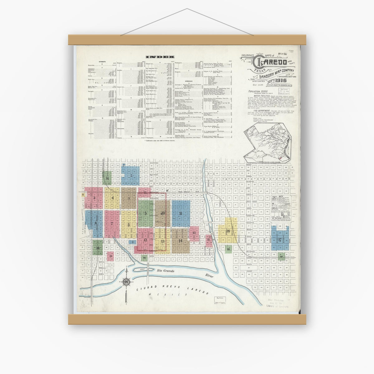 Old map wall art mockup — magnetic wood frame on white wall — Sanborn Fire Insurance Map from Laredo, Webb County, Texas (1916), Sheet #0001