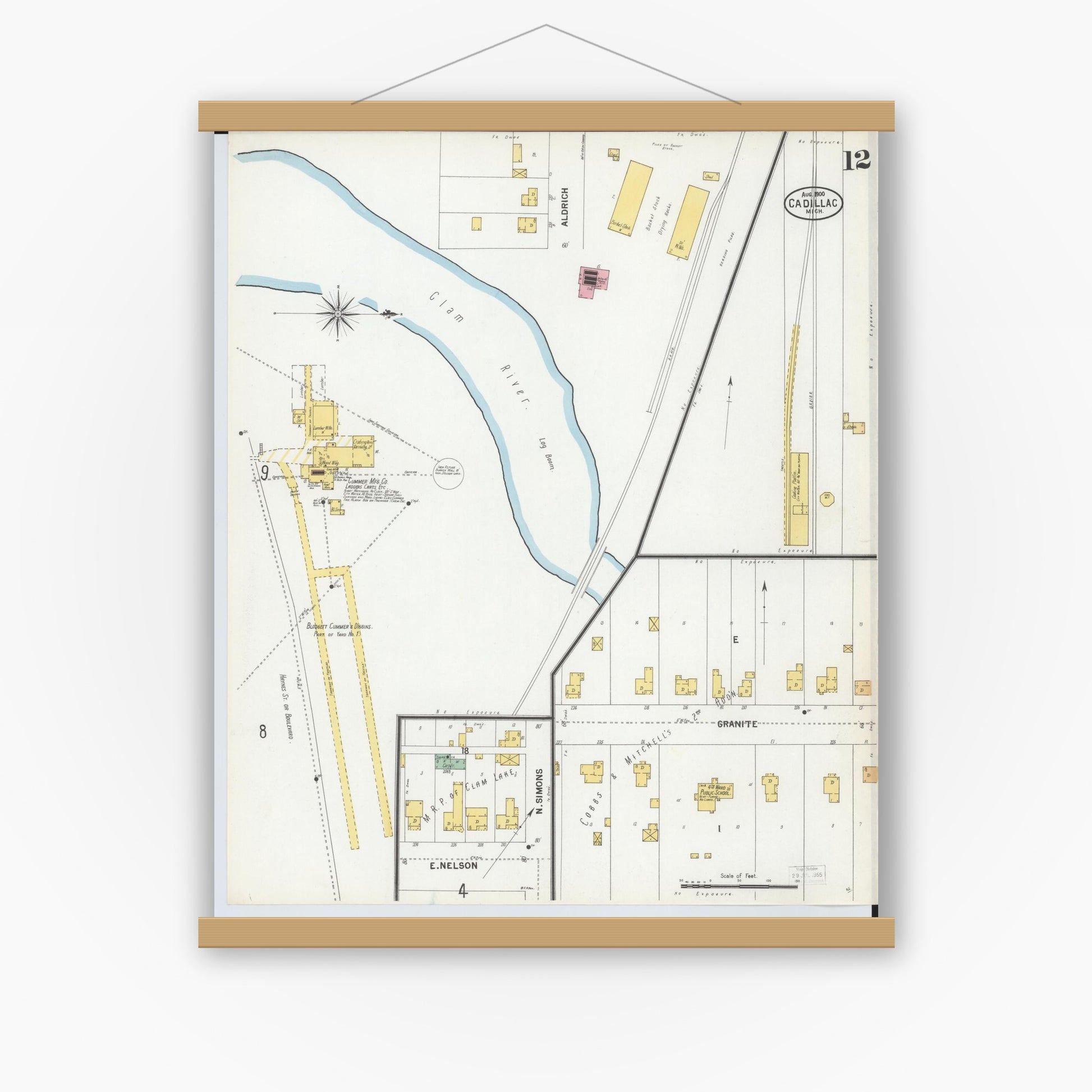 Old map wall art mockup — magnetic wood frame on white wall — Sanborn Fire Insurance Map from Cadillac, Wexford County, Michigan (1900), Sheet #0012
