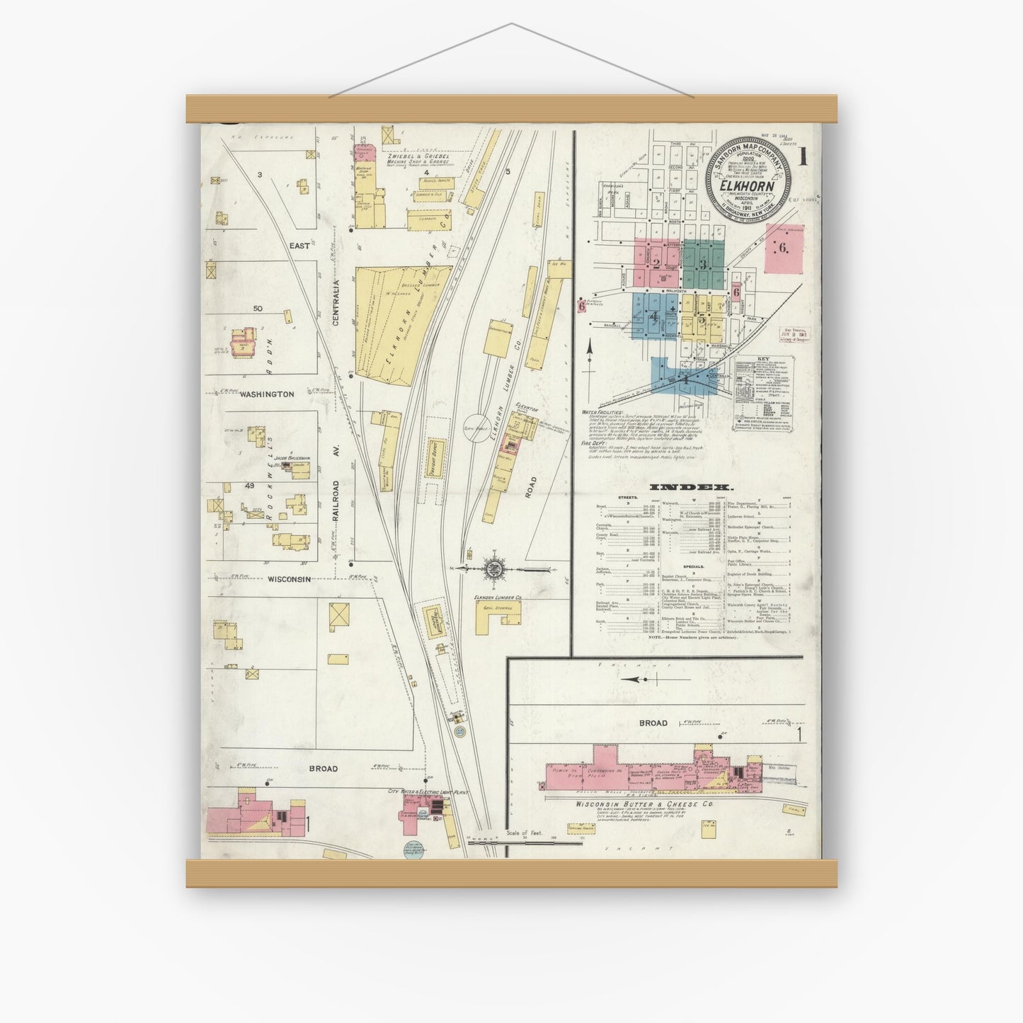 Old map wall art mockup — magnetic wood frame on white wall — Sanborn Fire Insurance Map from Elkhorn, Walworth County, Wisconsin (1911) - Complete Map Set