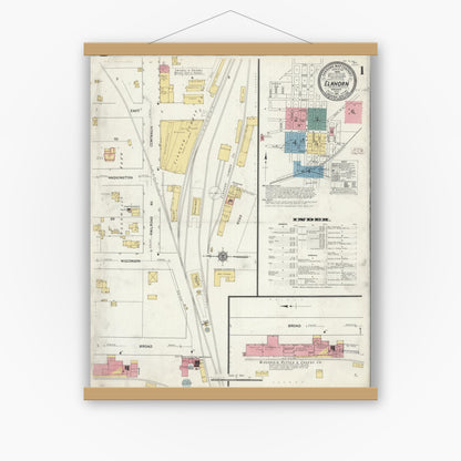 Old map wall art mockup — magnetic wood frame on white wall — Sanborn Fire Insurance Map from Elkhorn, Walworth County, Wisconsin (1911) - Complete Map Set