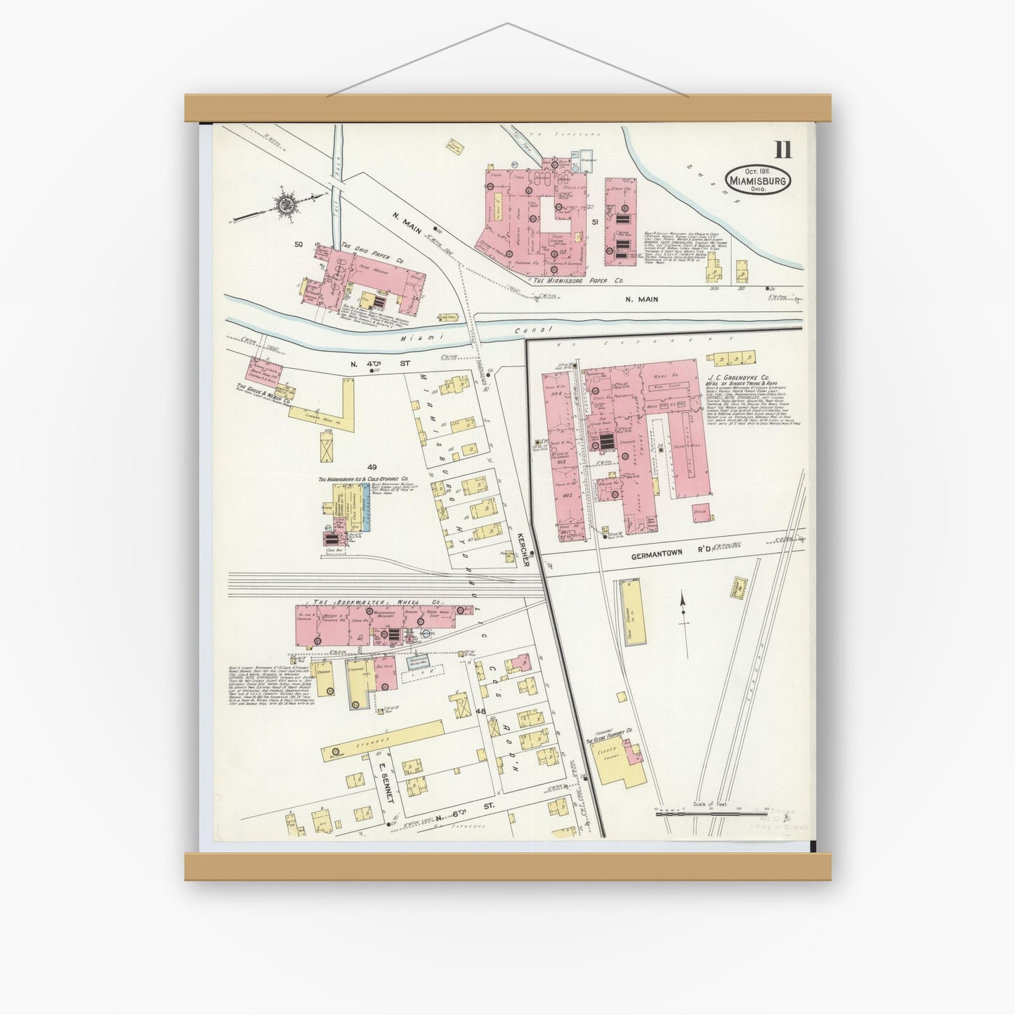Old map wall art mockup — magnetic wood frame on white wall — Sanborn Fire Insurance Map from Miamisburg, Montgomery County, Ohio (1911), Sheet #0011