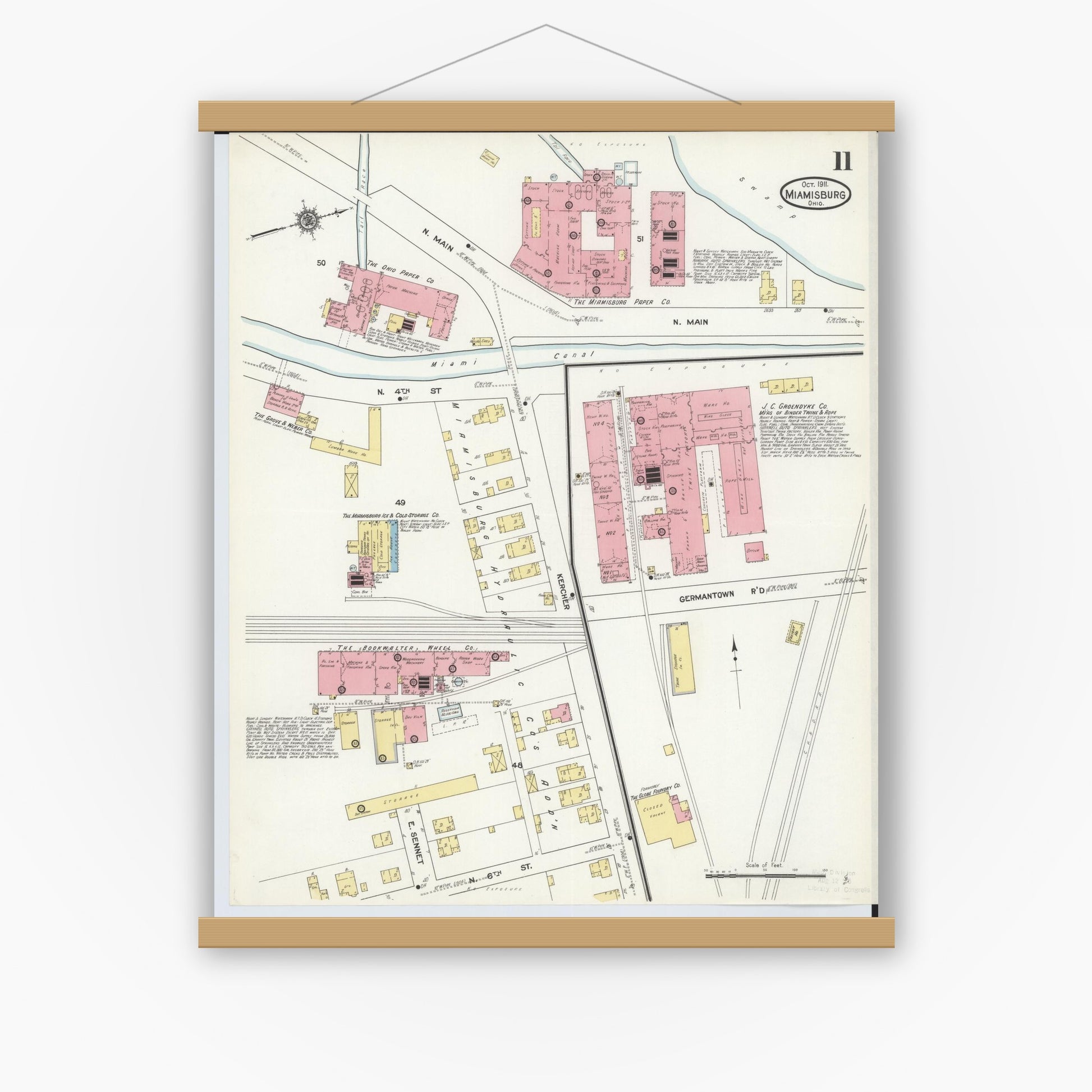 Old map wall art mockup — magnetic wood frame on white wall — Sanborn Fire Insurance Map from Miamisburg, Montgomery County, Ohio (1911), Sheet #0011