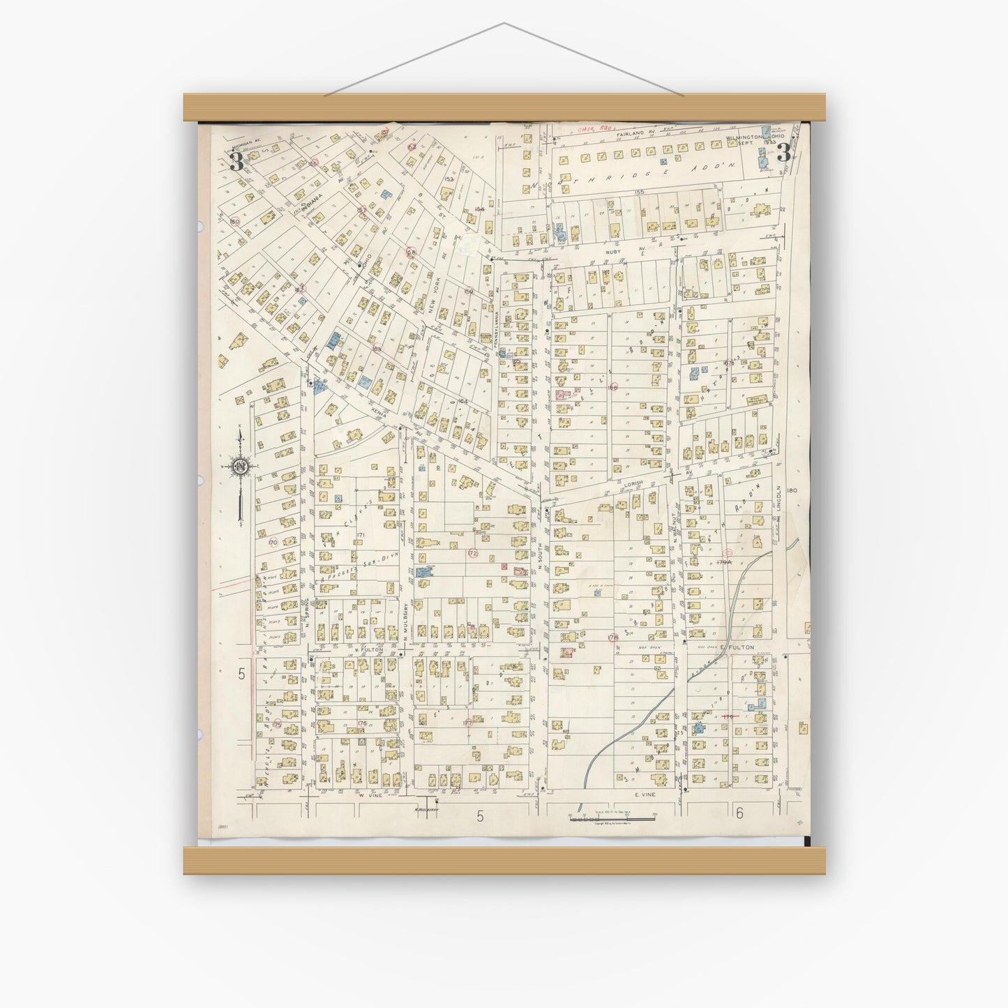 Old map wall art mockup — magnetic wood frame on white wall — Sanborn Fire Insurance Map from Wilmington, Clinton County, Ohio (1949), Sheet #0003