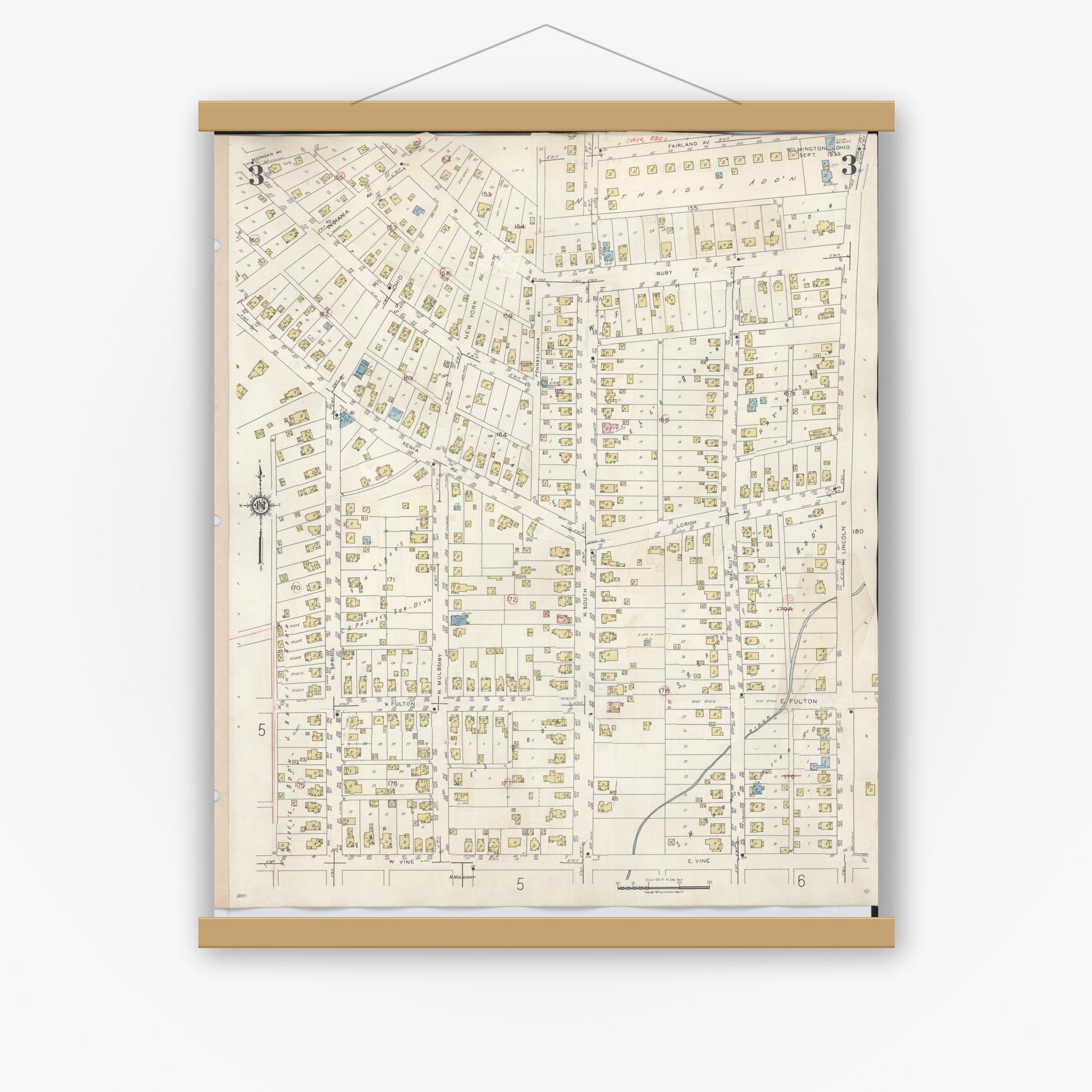 Old map wall art mockup — magnetic wood frame on white wall — Sanborn Fire Insurance Map from Wilmington, Clinton County, Ohio (1949), Sheet #0003