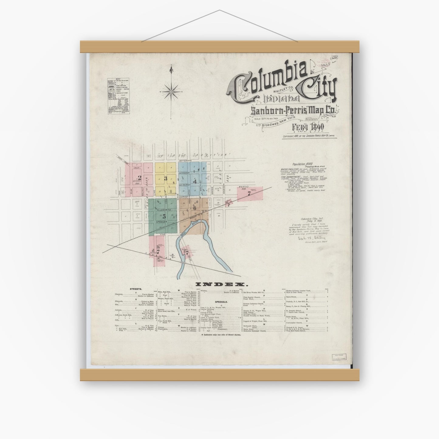 Old map wall art mockup — magnetic wood frame on white wall — Sanborn Fire Insurance Map from Columbia City, Whitley County, Indiana (1890) - Complete Map Set