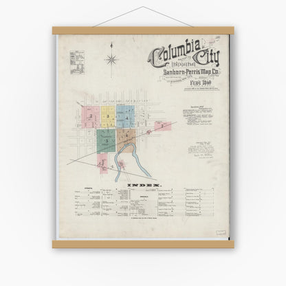 Old map wall art mockup — magnetic wood frame on white wall — Sanborn Fire Insurance Map from Columbia City, Whitley County, Indiana (1890) - Complete Map Set