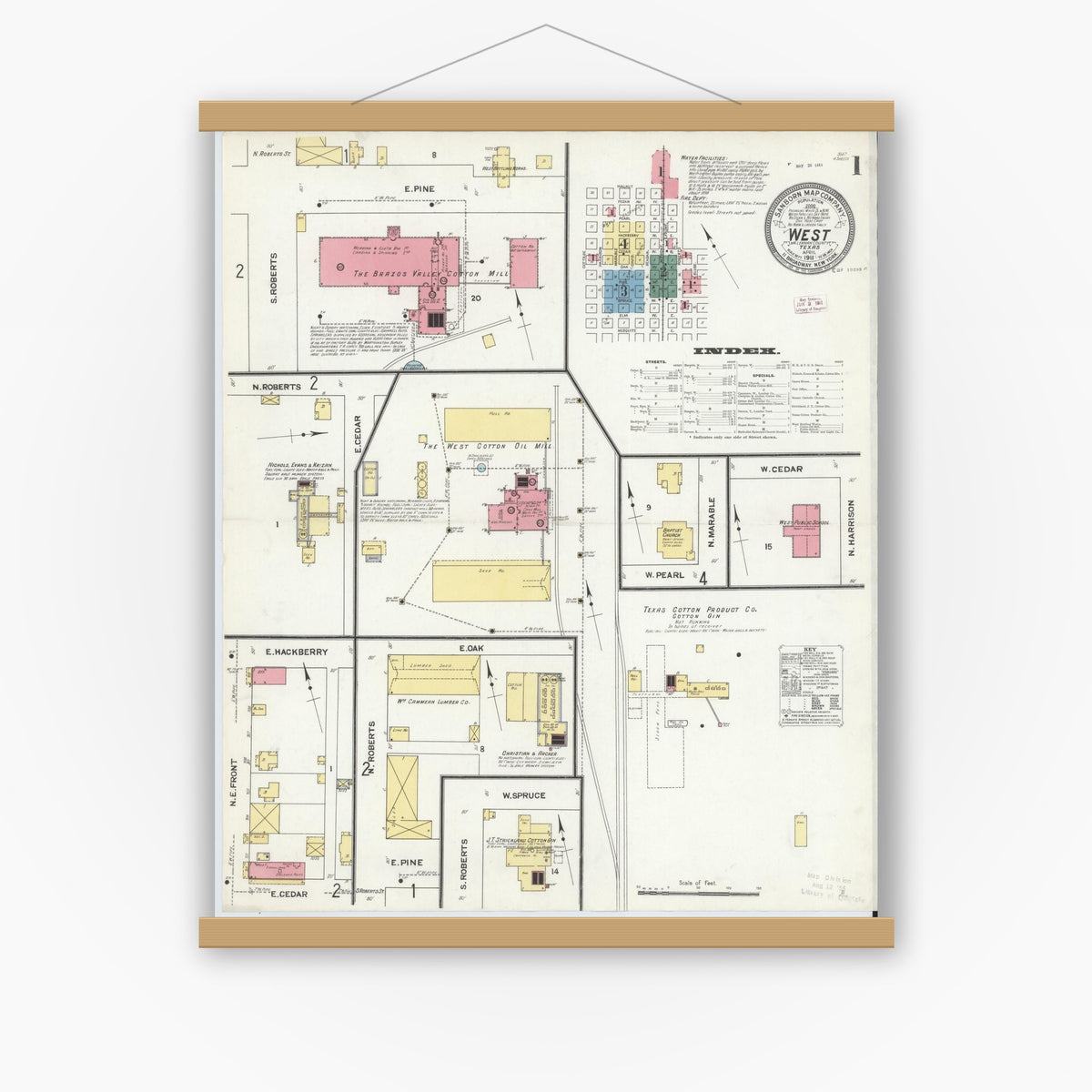 Old map wall art mockup — magnetic wood frame on white wall — Sanborn Fire Insurance Map from West, McLennan County, Texas (1911), Sheet #0001