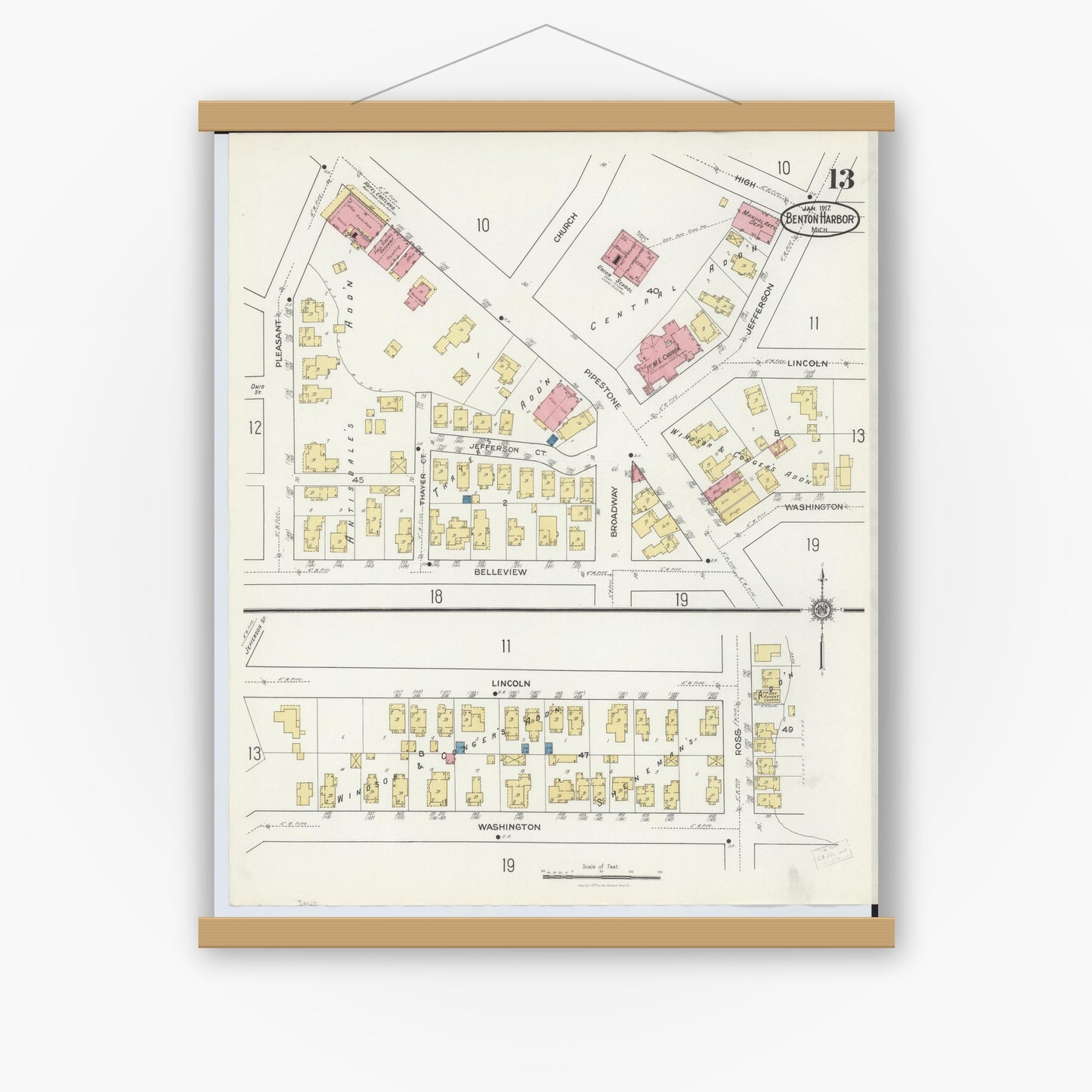 Old map wall art mockup — magnetic wood frame on white wall — Sanborn Fire Insurance Map from Benton Harbor, Berrien County, Michigan (1917), Sheet #0013