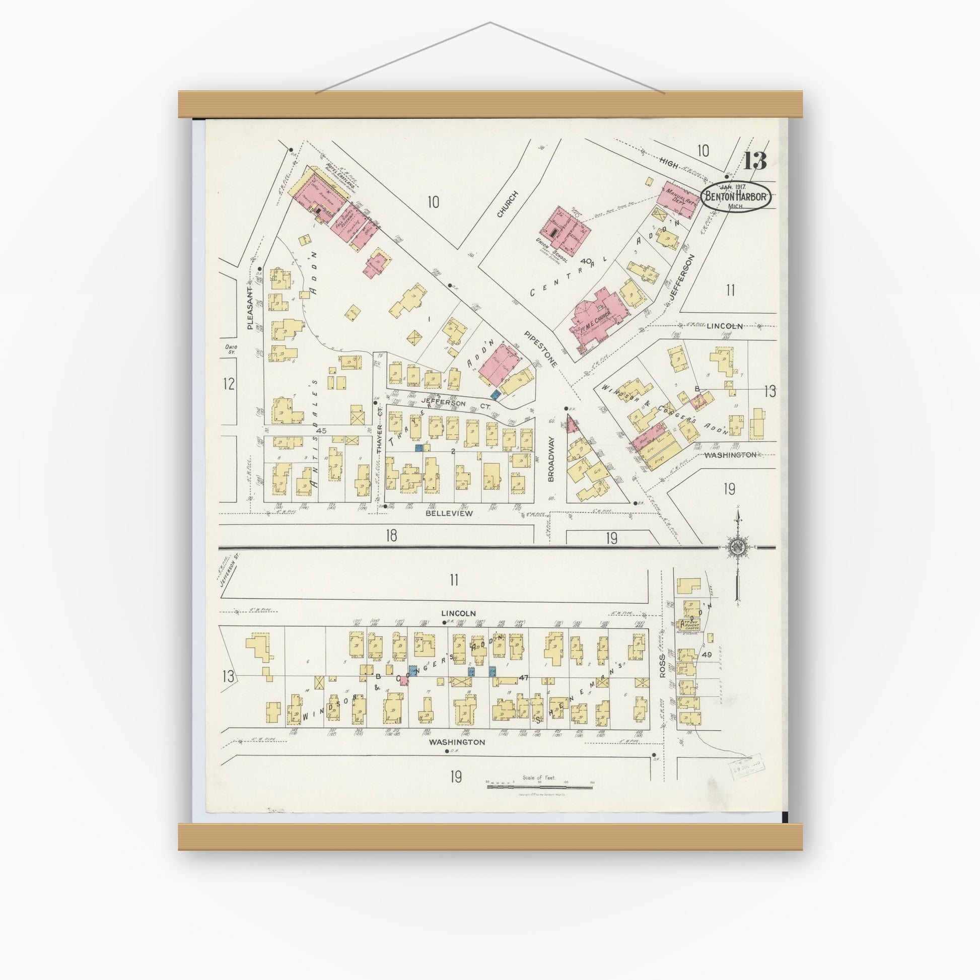 Old map wall art mockup — magnetic wood frame on white wall — Sanborn Fire Insurance Map from Benton Harbor, Berrien County, Michigan (1917), Sheet #0013