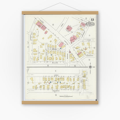 Old map wall art mockup — magnetic wood frame on white wall — Sanborn Fire Insurance Map from Benton Harbor, Berrien County, Michigan (1917), Sheet #0013