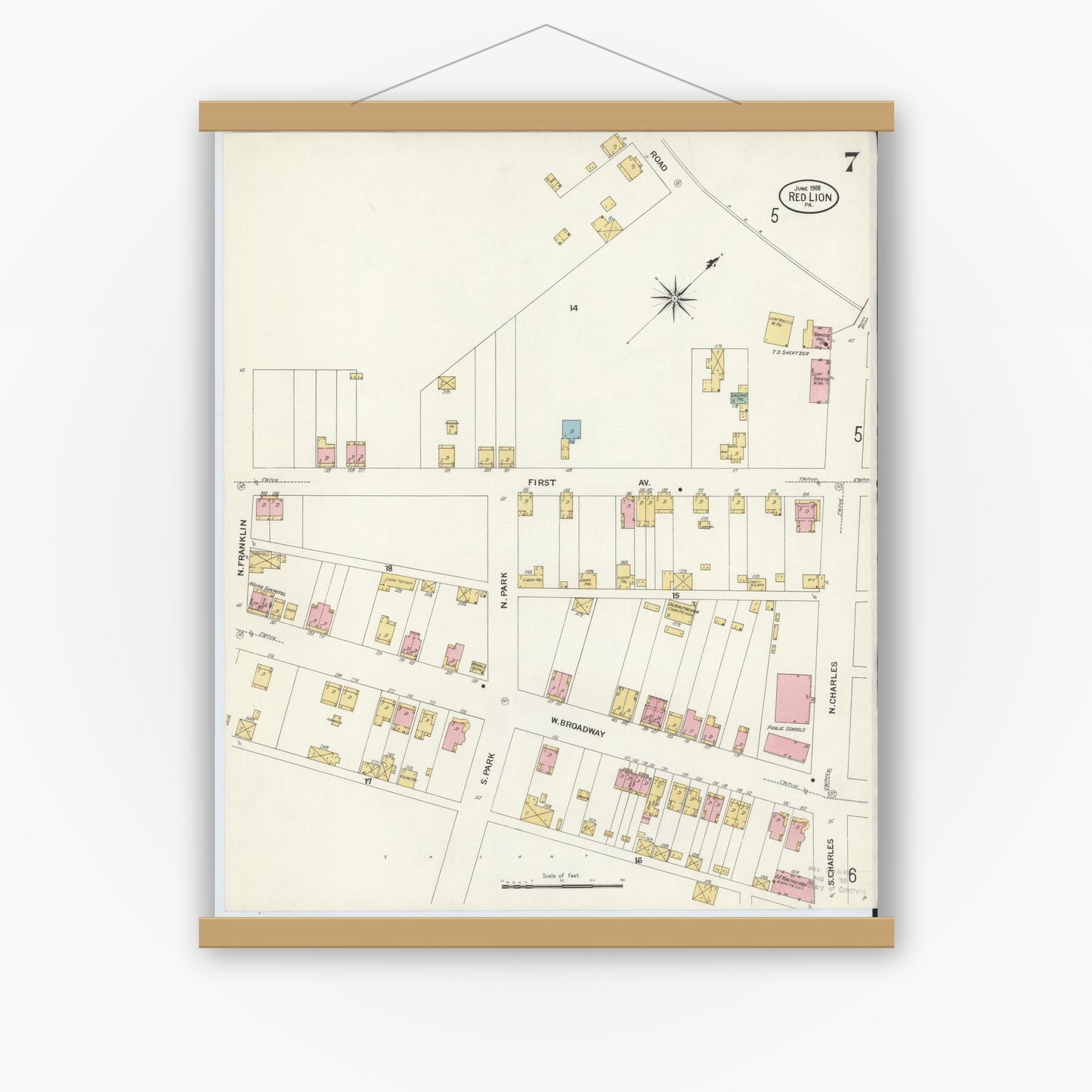 Old map wall art mockup — magnetic wood frame on white wall — Sanborn Fire Insurance Map from Red Lion, York County, Pennsylvania (1908), Sheet #0007