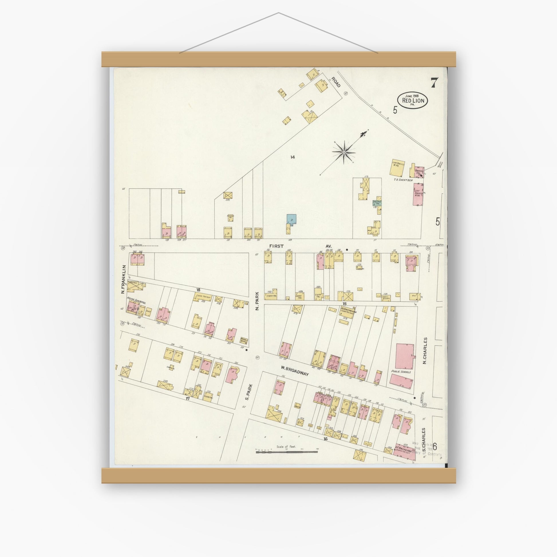 Old map wall art mockup — magnetic wood frame on white wall — Sanborn Fire Insurance Map from Red Lion, York County, Pennsylvania (1908), Sheet #0007