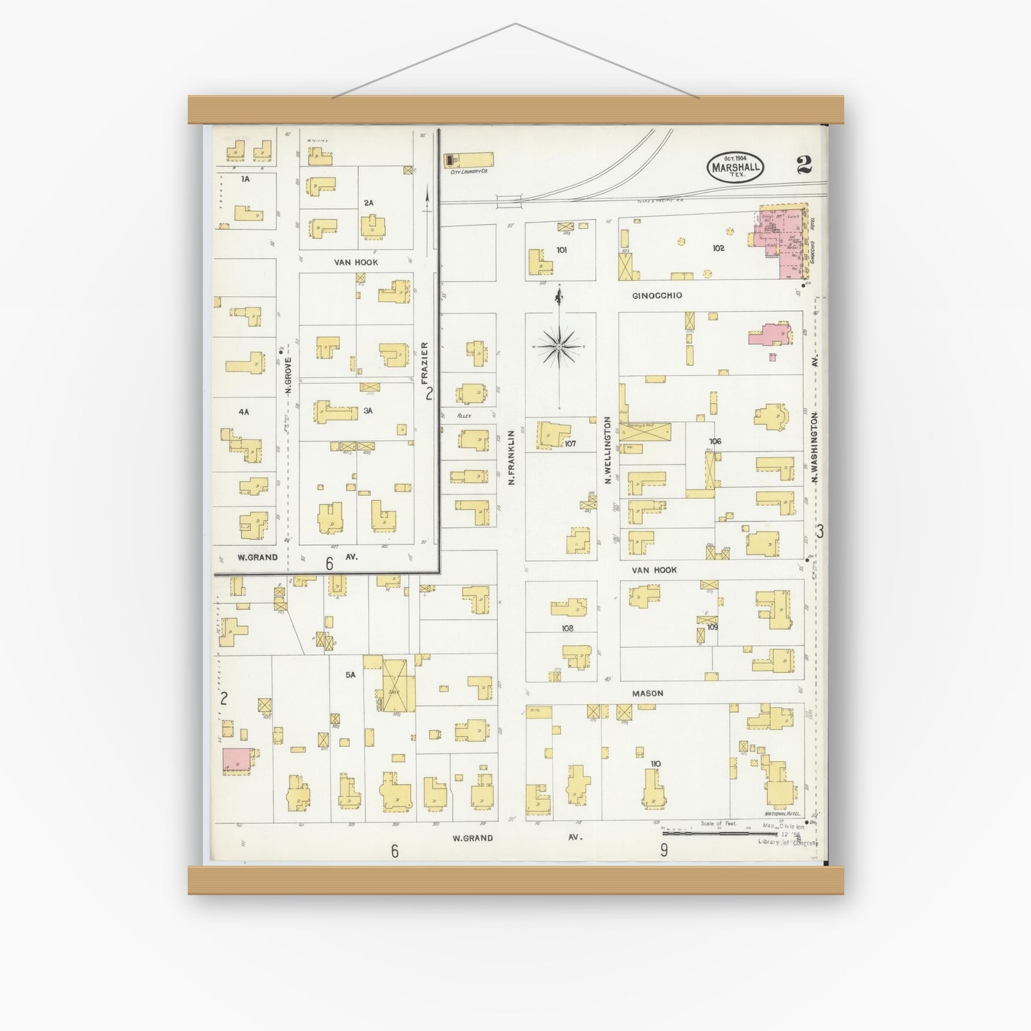 Old map wall art mockup — magnetic wood frame on white wall — Sanborn Fire Insurance Map from Marshall, Harrison County, Texas (1904), Sheet #0002