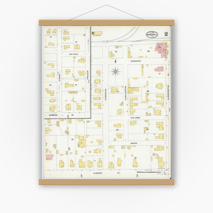 Old map wall art mockup — magnetic wood frame on white wall — Sanborn Fire Insurance Map from Marshall, Harrison County, Texas (1904), Sheet #0002