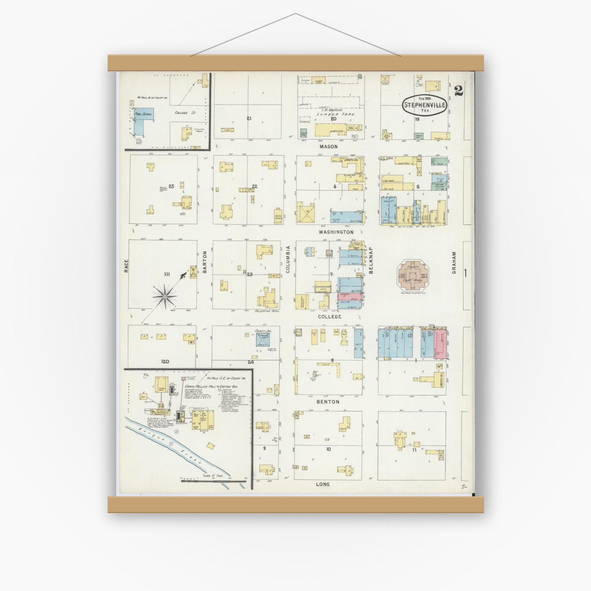Old map wall art mockup — magnetic wood frame on white wall — Sanborn Fire Insurance Map from Stephenville, Erath County, Texas (1896), Sheet #0002