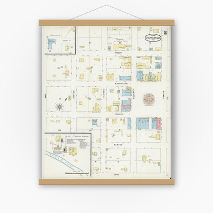 Old map wall art mockup — magnetic wood frame on white wall — Sanborn Fire Insurance Map from Stephenville, Erath County, Texas (1896), Sheet #0002