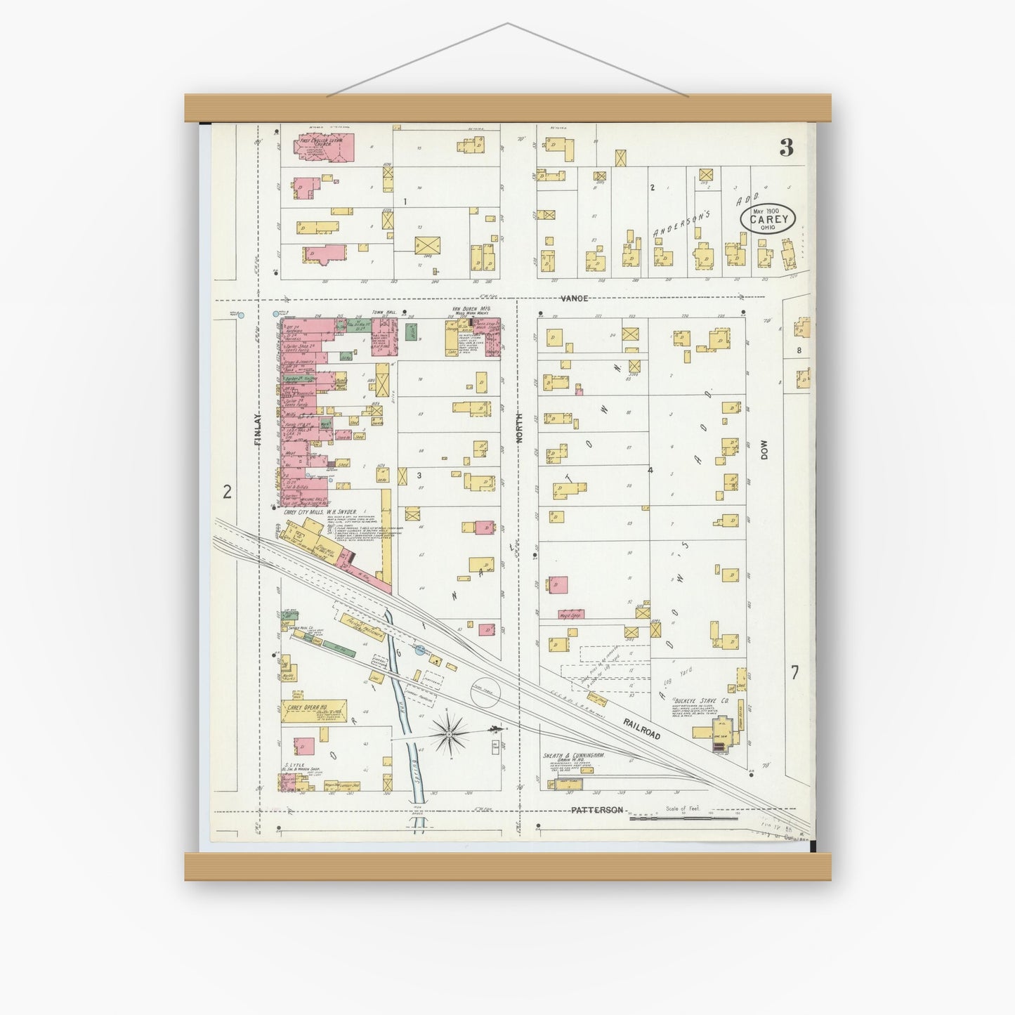 Old map wall art mockup — magnetic wood frame on white wall — Sanborn Fire Insurance Map from Carey, Wyandot County, Ohio (1900), Sheet #0003
