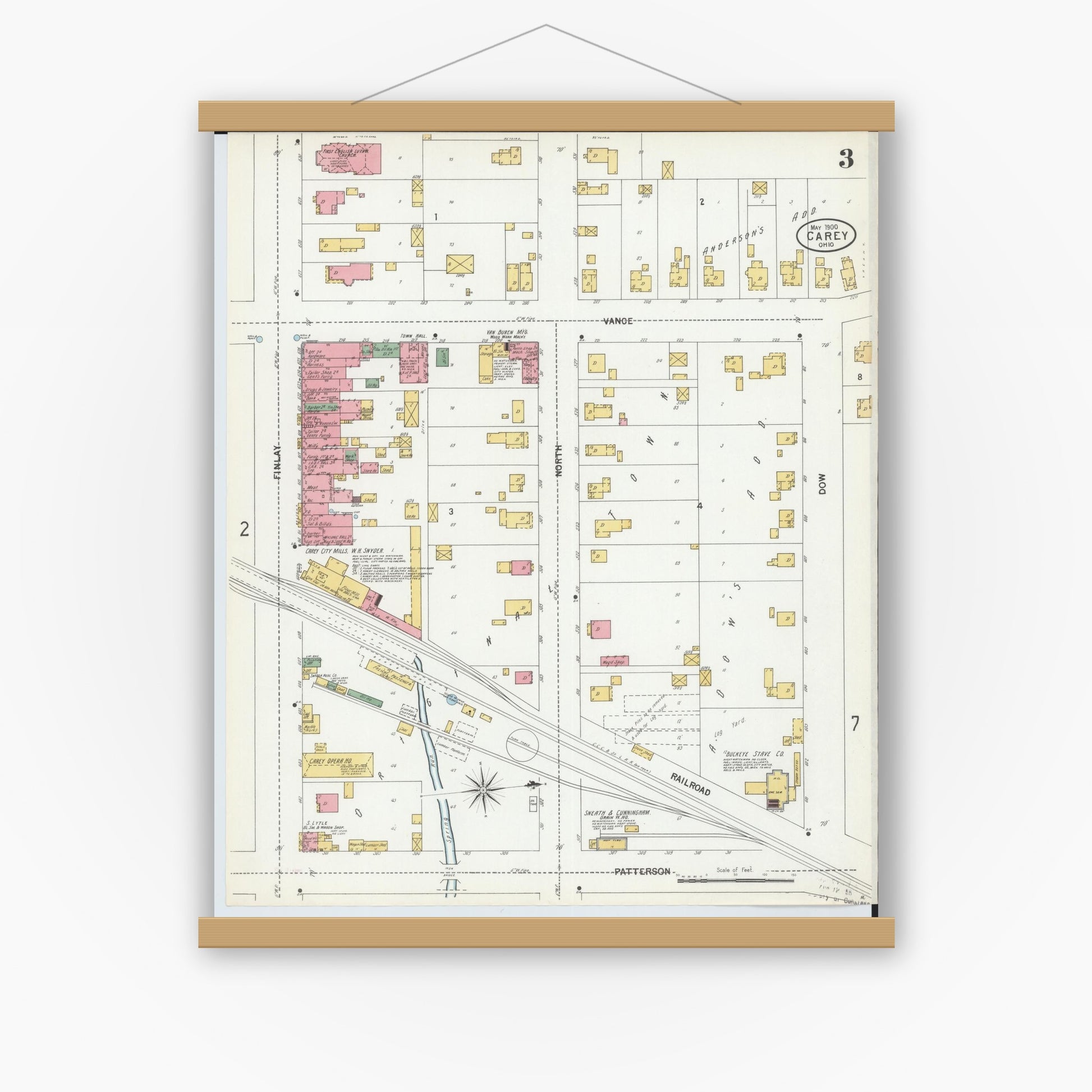 Old map wall art mockup — magnetic wood frame on white wall — Sanborn Fire Insurance Map from Carey, Wyandot County, Ohio (1900), Sheet #0003
