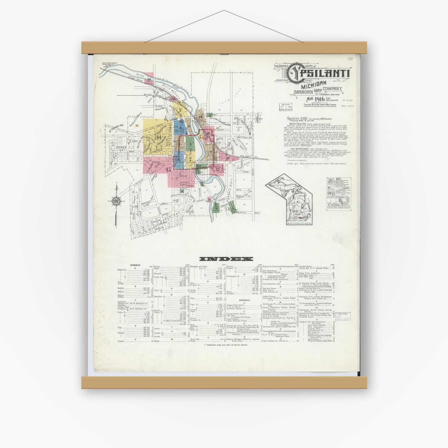 Old map wall art mockup — magnetic wood frame on white wall — Sanborn Fire Insurance Map from Ypsilanti, Washtenaw County, Michigan (1916), Sheet #0001