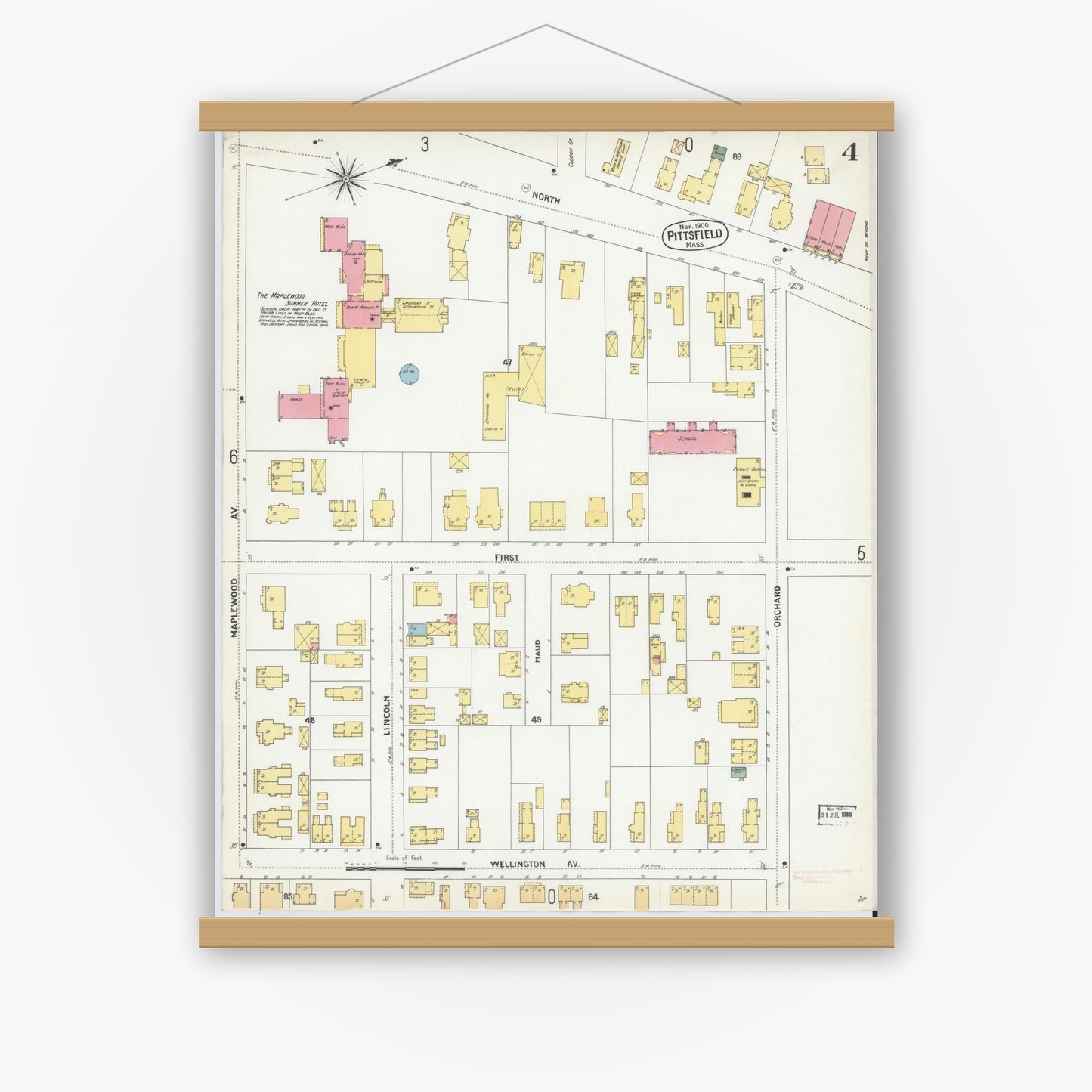 Old map wall art mockup — magnetic wood frame on white wall — Sanborn Fire Insurance Map from Pittsfield, Berkshire County, Massachusetts (1900), Sheet #0004