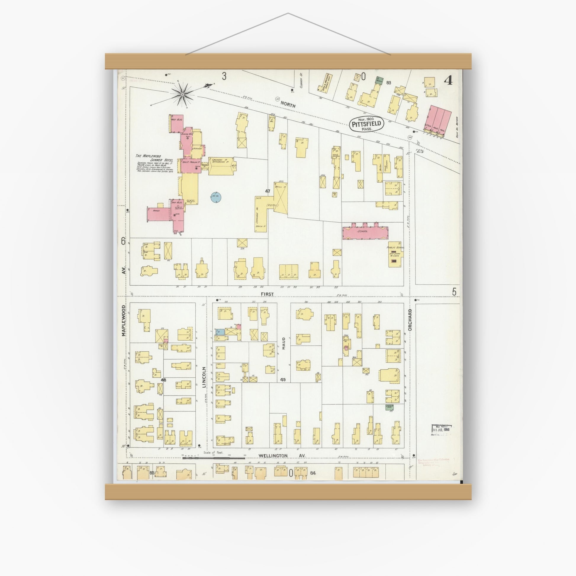 Old map wall art mockup — magnetic wood frame on white wall — Sanborn Fire Insurance Map from Pittsfield, Berkshire County, Massachusetts (1900), Sheet #0004