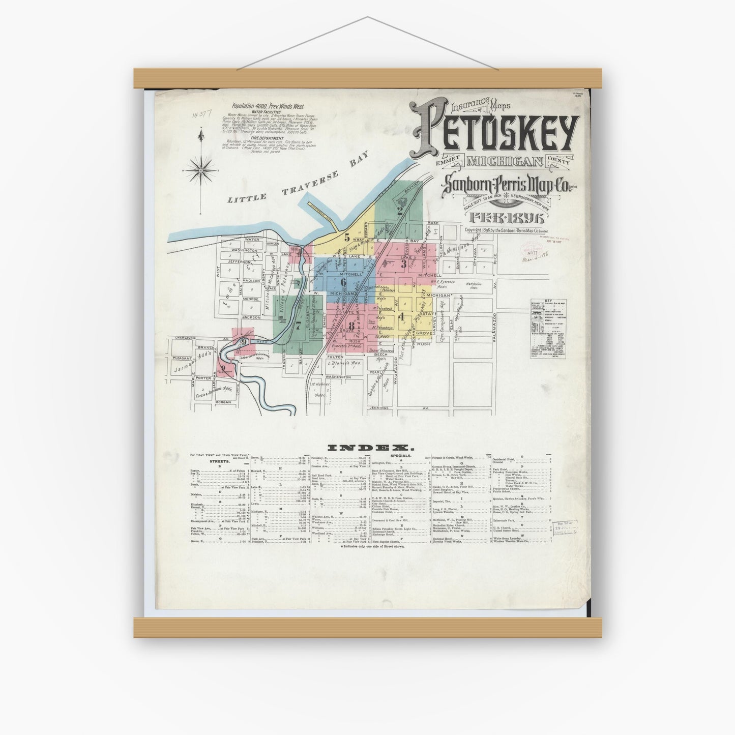 Old map wall art mockup — magnetic wood frame on white wall — Sanborn Fire Insurance Map from Petoskey, Emmet County, Michigan (1896) - Complete Map Set