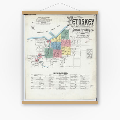 Old map wall art mockup — magnetic wood frame on white wall — Sanborn Fire Insurance Map from Petoskey, Emmet County, Michigan (1896) - Complete Map Set