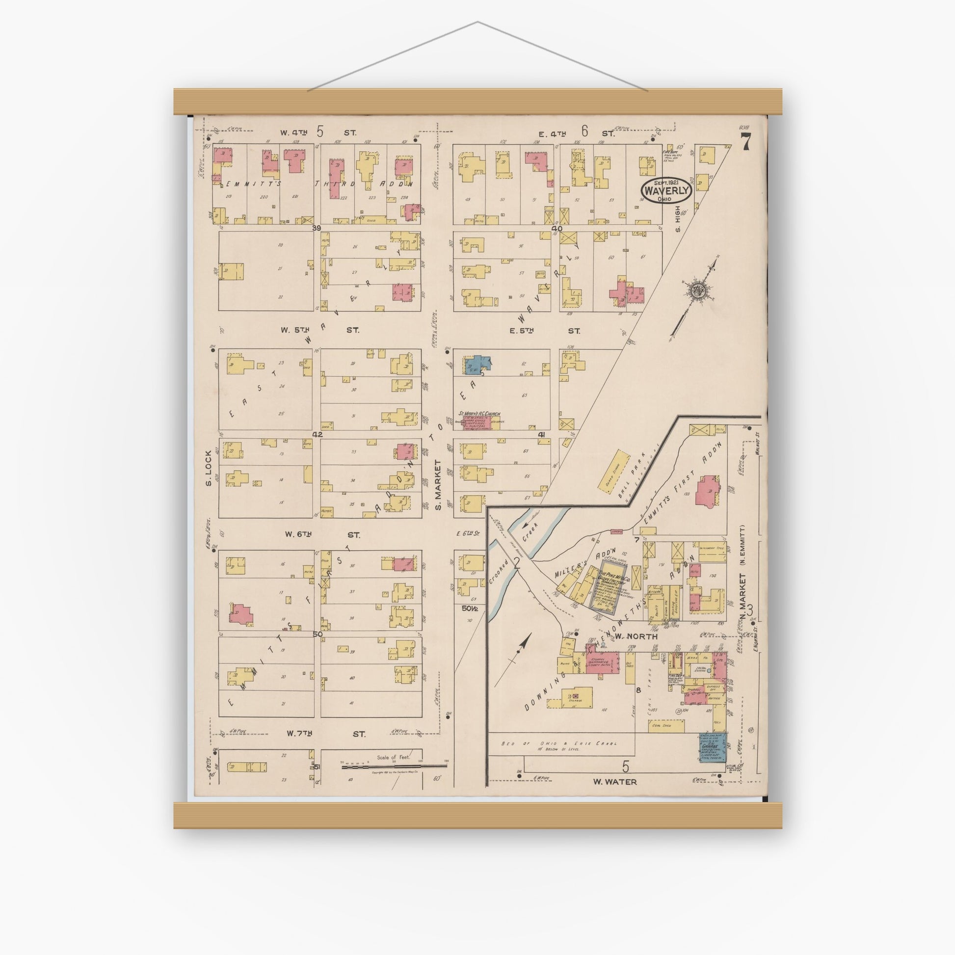 Old map wall art mockup — magnetic wood frame on white wall — Sanborn Fire Insurance Map from Waverly, Pike County, Ohio (1921), Sheet #0007