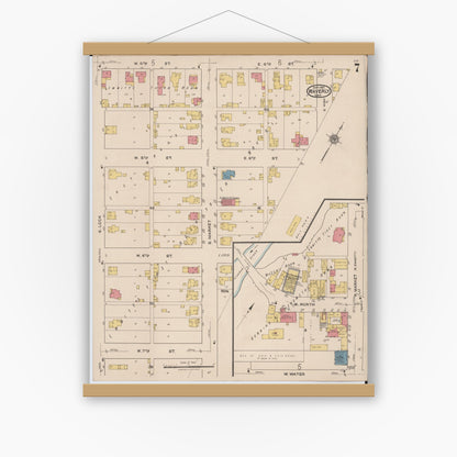 Old map wall art mockup — magnetic wood frame on white wall — Sanborn Fire Insurance Map from Waverly, Pike County, Ohio (1921), Sheet #0007