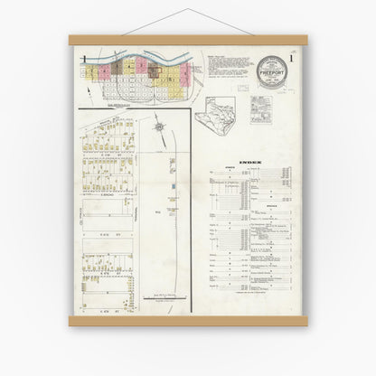 Old map wall art mockup — magnetic wood frame on white wall — Sanborn Fire Insurance Map from Freeport, Brazoria County, Texas (1926), Sheet #0001