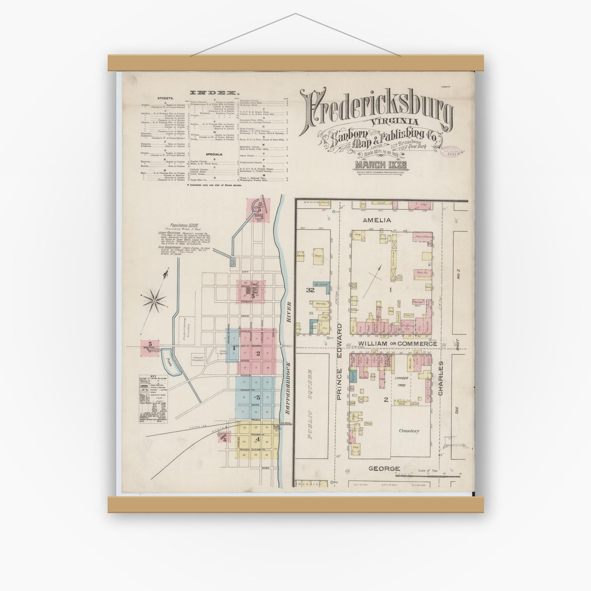 Old map wall art mockup — magnetic wood frame on white wall — Sanborn Fire Insurance Map from Fredericksburg, Independent Cities, Virginia (1886) - Complete Map Set