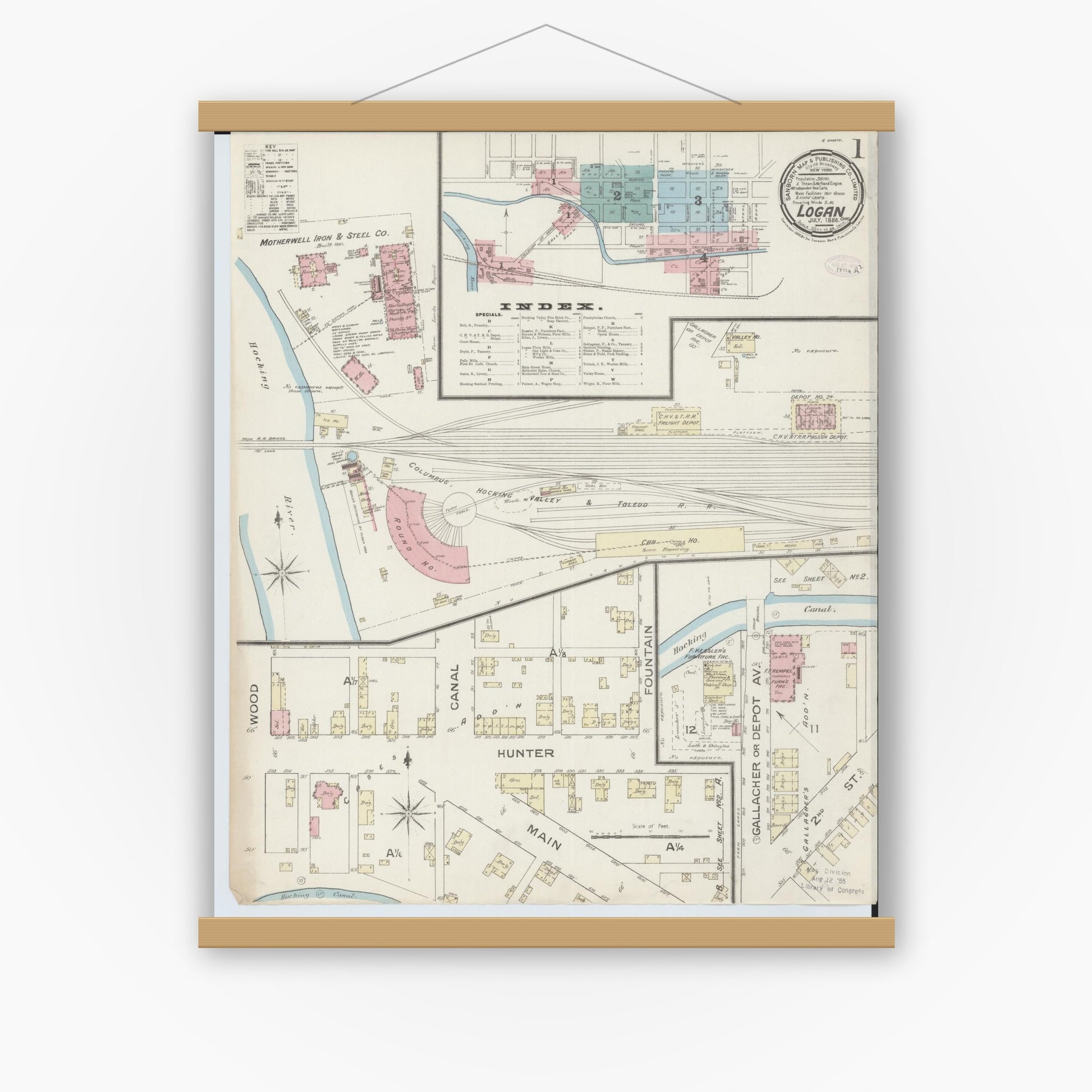Old map wall art mockup — magnetic wood frame on white wall — Sanborn Fire Insurance Map from Logan, Hocking County, Ohio (1886), Sheet #0001