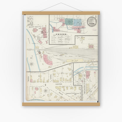 Old map wall art mockup — magnetic wood frame on white wall — Sanborn Fire Insurance Map from Logan, Hocking County, Ohio (1886), Sheet #0001