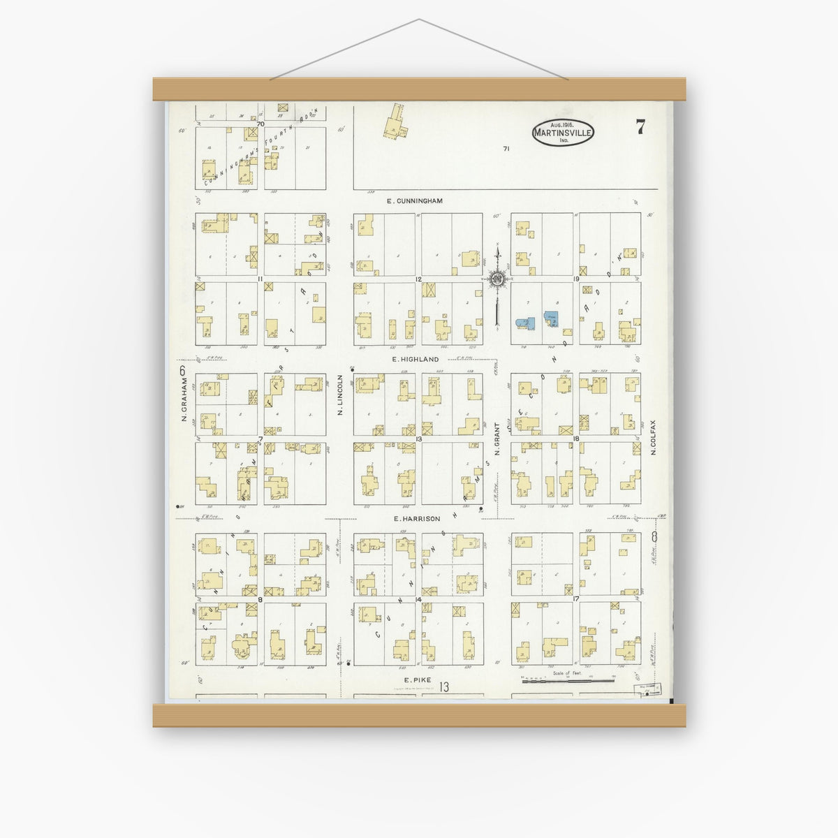Old map wall art mockup — magnetic wood frame on white wall — Sanborn Fire Insurance Map from Martinsville, Morgan County, Indiana (1916), Sheet #0007