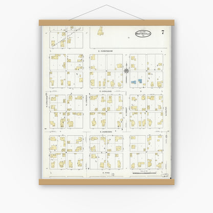 Old map wall art mockup — magnetic wood frame on white wall — Sanborn Fire Insurance Map from Martinsville, Morgan County, Indiana (1916), Sheet #0007