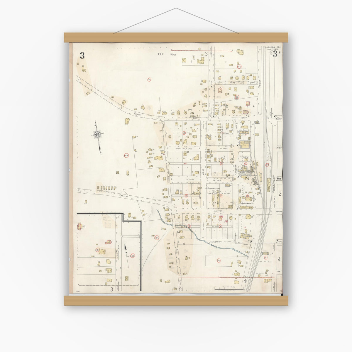Old map wall art mockup — magnetic wood frame on white wall — Sanborn Fire Insurance Map from Overton, Rusk County, Texas (1939), Sheet #0003
