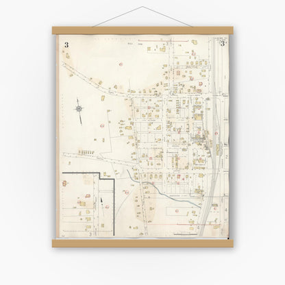 Old map wall art mockup — magnetic wood frame on white wall — Sanborn Fire Insurance Map from Overton, Rusk County, Texas (1939), Sheet #0003