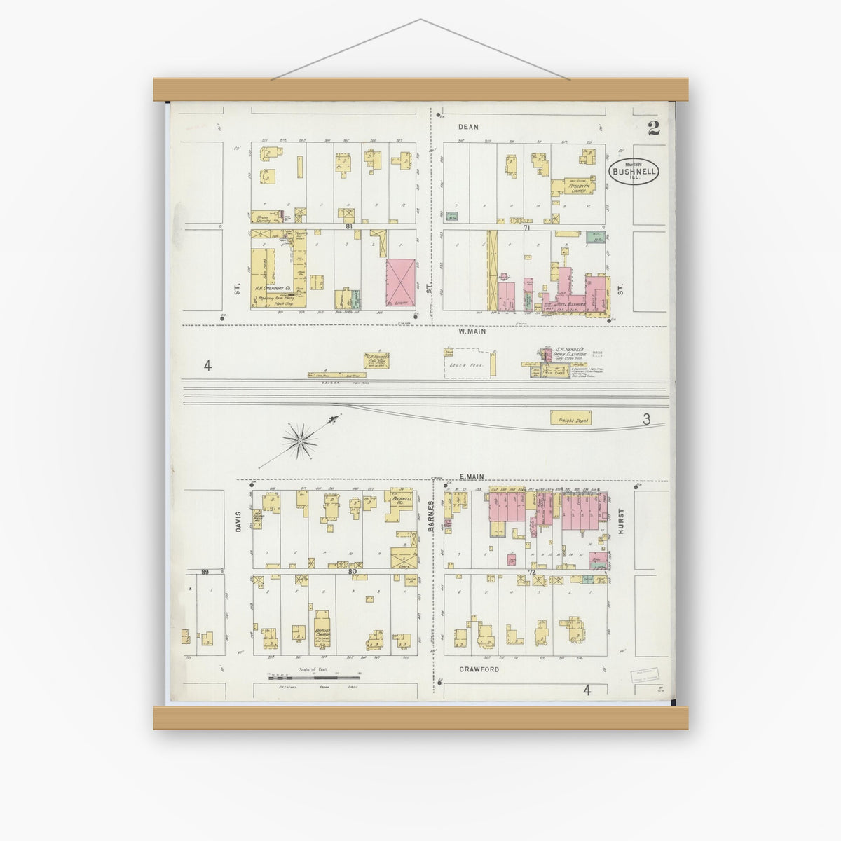 Old map wall art mockup — magnetic wood frame on white wall — Sanborn Fire Insurance Map from Bushnell, Mcdonough County, Illinois (1898), Sheet #0002