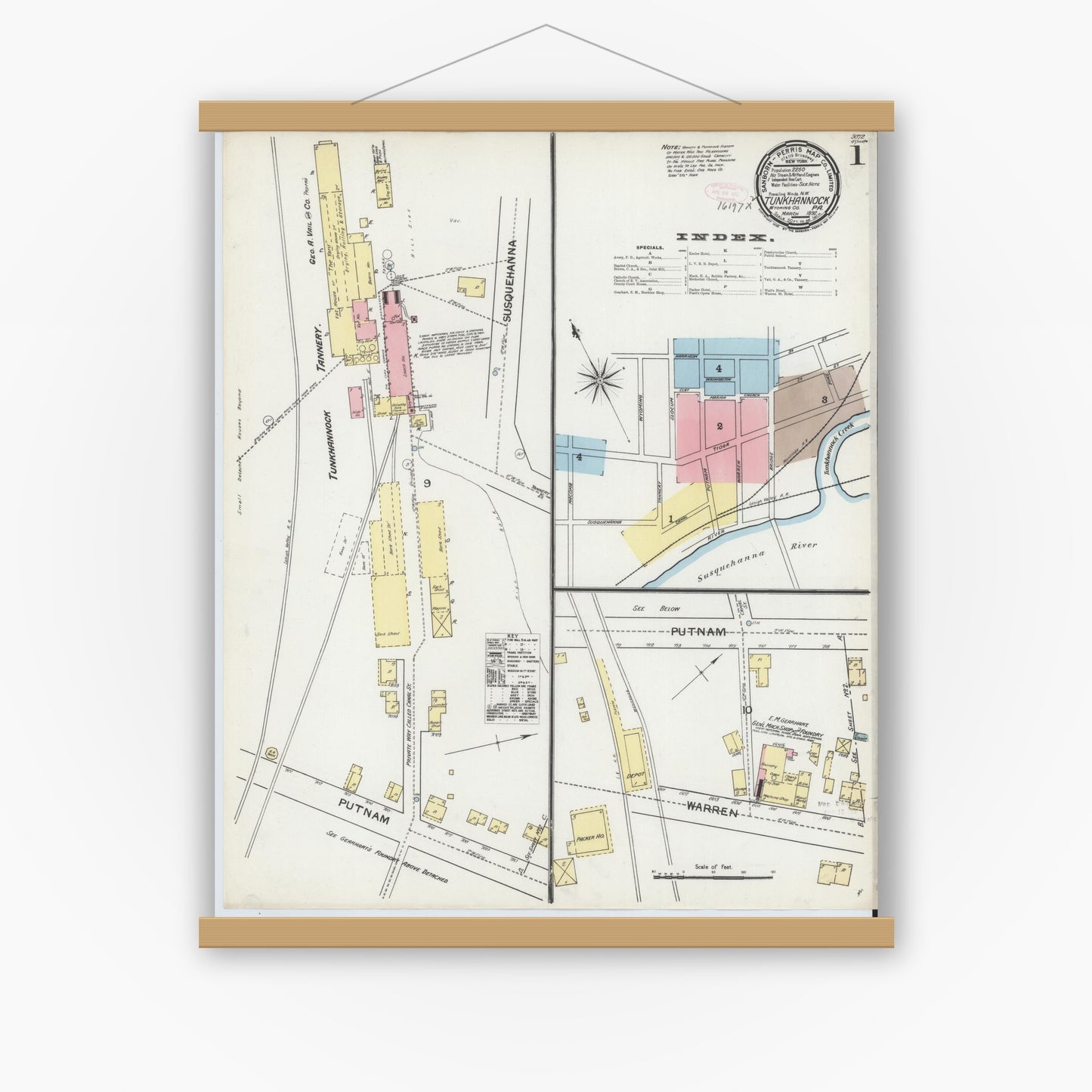 Old map wall art mockup — magnetic wood frame on white wall — Sanborn Fire Insurance Map from Tunkhannock, Wyoming County, Pennsylvania (1892), Sheet #0001