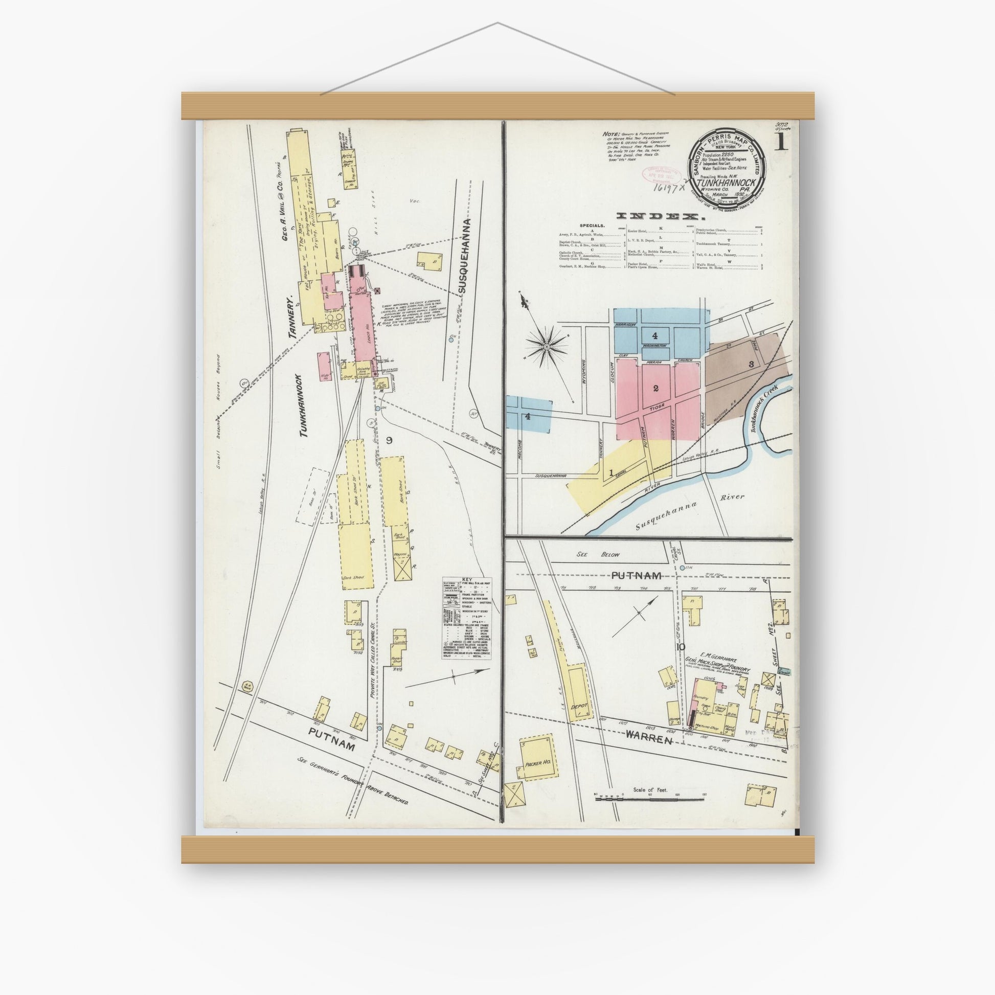 Old map wall art mockup — magnetic wood frame on white wall — Sanborn Fire Insurance Map from Tunkhannock, Wyoming County, Pennsylvania (1892), Sheet #0001